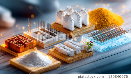 Set of construction materials including bricks, steel, wood, and cement. architecture and building use. 129840976
