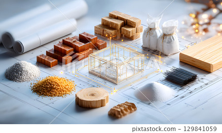 Set of construction materials including bricks, steel, wood, and cement. architecture and building use. 129841059
