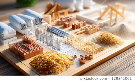 Set of construction materials including bricks, steel, wood, and cement. architecture and building use. 129841061