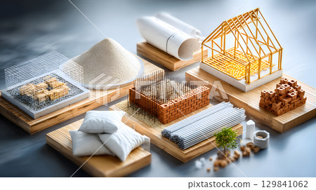 Set of construction materials including bricks, steel, wood, and cement. architecture and building use. Set of construction materials including bricks, steel, wood, and cement. architecture and building use. 129841062