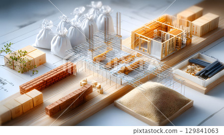 Set of construction materials including bricks, steel, wood, and cement. architecture and building use. Set of construction materials including bricks, steel, wood, and cement. architecture and building use. 129841063