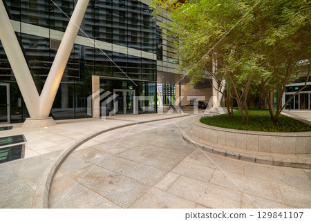 Modern Office Building and Landscaped Courtyard in KAFD, Riyadh, Saudi Arabia. Modern Office Building and Landscaped Courtyard in KAFD, Riyadh, Saudi Arabia. 129841107