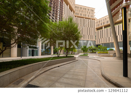 Modern Office Building and Landscaped Courtyard in KAFD, Riyadh, Saudi Arabia. 129841112