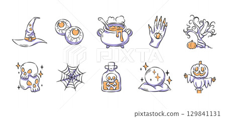 Set of Halloween elements and hand drawn icons includes a witch hat, eyeball, cauldron, hand with eyeball, spooky tree, skulls, spiderweb, potion bottle, crystal ball, pumpkin head scarecrow . Vector 129841131