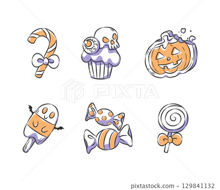 Set of halloween sweets and candies illustration include candy cane, cupcake, pumpkin cookie, ghost popsicle, wrapped candies and lollipop perfect for trick-or-treat designs . Hand drawn icon. Vector 129841132