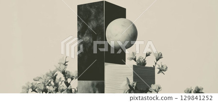 Collage combines geometric shapes with floral elements, showcasing a paperweight and papers. Collage combines geometric shapes with floral elements, showcasing a paperweight and papers. 129841252