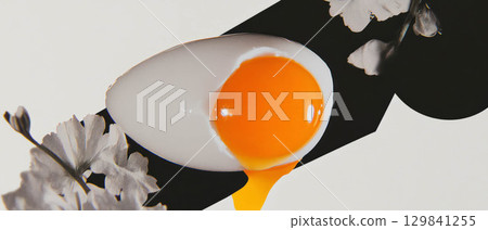 Collage showcases a cracked egg with yolk spilling, surrounded by flowers and geometric shapes. 129841255