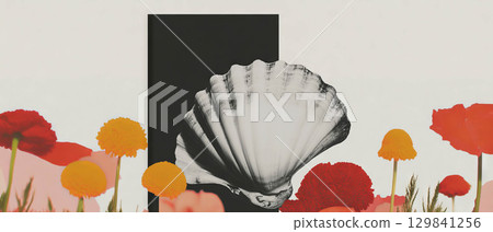 Minimalist composition blends flowers and geometric shapes with a scallop cutout on white. Minimalist composition blends flowers and geometric shapes with a scallop cutout on white. 129841256