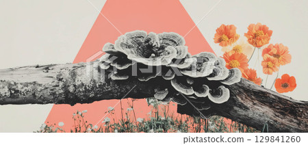 Collage features a close-up of a log with fungi surrounded by floral and geometric elements. Collage features a close-up of a log with fungi surrounded by floral and geometric elements. 129841260