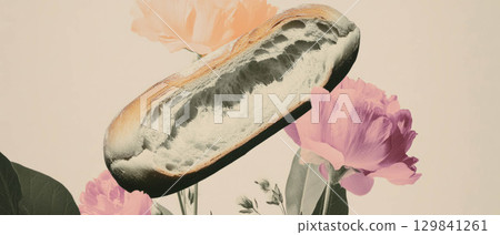 Collage showcases a black-and-white cutout of a baguette with airy crumb amidst floral designs. Collage showcases a black-and-white cutout of a baguette with airy crumb amidst floral designs. 129841261