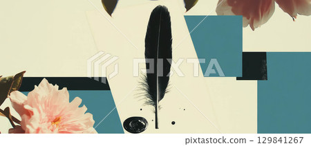 Collage showcases a black-and-white quill and inkwell amid colorful geometric shapes and flowers. Collage showcases a black-and-white quill and inkwell amid colorful geometric shapes and flowers. 129841267