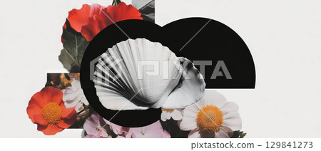 Collage combines a black-and-white scallop shell with vibrant floral elements and geometric shapes. 129841273