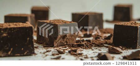 Savor the rich flavor of dark chocolate squares and shavings, showcasing culinary delight. Savor the rich flavor of dark chocolate squares and shavings, showcasing culinary delight. 129841311