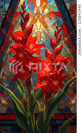 Red gladioli against a stained glass background. Two red gladioli branches on a complex decorative stained glass window. 129841446