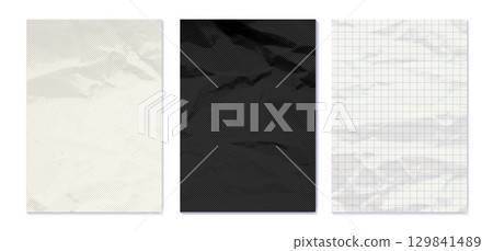 Paper sheets set with wrinkles. Realistic vector illustration collection of empty white, black and checkered pages with crumpled effect. Design mockup of blank sheet with crease. Halftone texture 129841489
