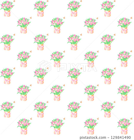 Seamless pattern with a beautiful bouquet of tulips in a box, hand-drawn in watercolor. Seamless pattern with a beautiful bouquet of tulips in a box, hand-drawn in watercolor. 129841490