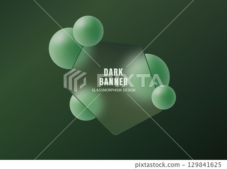 Dark glass morphism banner with green spheres Dark glass morphism banner with green spheres 129841625
