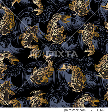 Seamless pattern with golden fish koi. Japanese vintage print 129841665