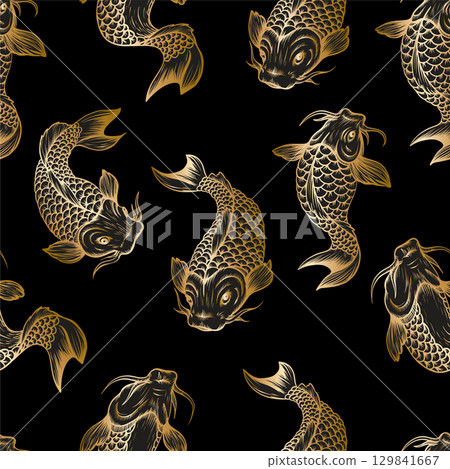 Seamless pattern with golden fish koi. Japanese vintage print. 129841667