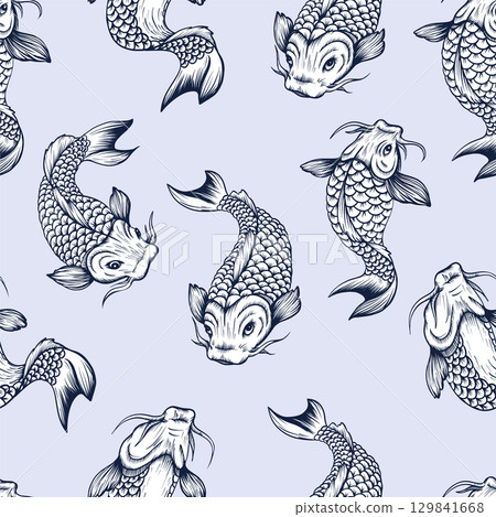 Seamless pattern with fish koi. Japanese vintage print. 129841668