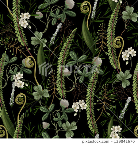 Seamless vector pattern of autumn forest plants, wild berries, clovers, herbs, ferns, and mushrooms 129841670