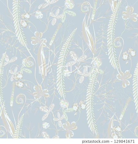 Seamless vector pattern of autumn forest plants, wild berries, clovers, herbs, ferns, and mushrooms 129841671