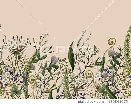 Border of autumn forest plants, wild berries, clovers, herbs, ferns, and mushrooms 129841675