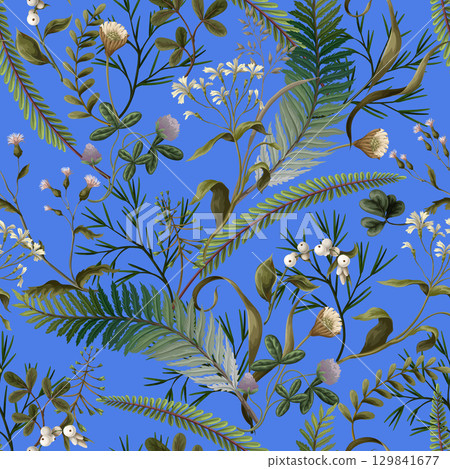 Seamless vector pattern of autumn forest plants, wild berries, clovers, herbs, ferns, and mushrooms 129841677