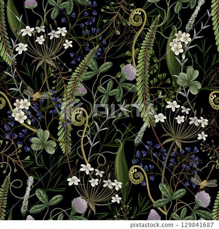 Seamless vector pattern of autumn forest plants, wild berries, clovers, herbs, ferns, and mushrooms Seamless vector pattern of autumn forest plants, wild berries, clovers, herbs, ferns, and mushrooms 129841687