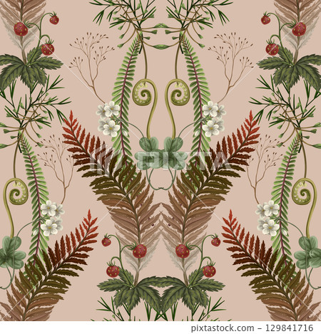 Seamless vector pattern of autumn forest plants, wild berries, clovers, herbs, ferns, and mushrooms 129841716