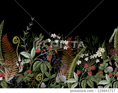 Border of autumn forest plants, wild berries, clovers, herbs, ferns, and mushrooms Border of autumn forest plants, wild berries, clovers, herbs, ferns, and mushrooms 129841717