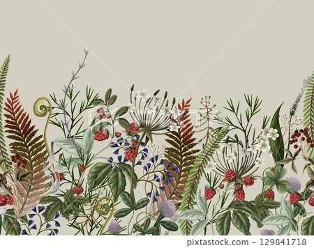 Border of autumn forest plants, wild berries, clovers, herbs, ferns, and mushrooms 129841718
