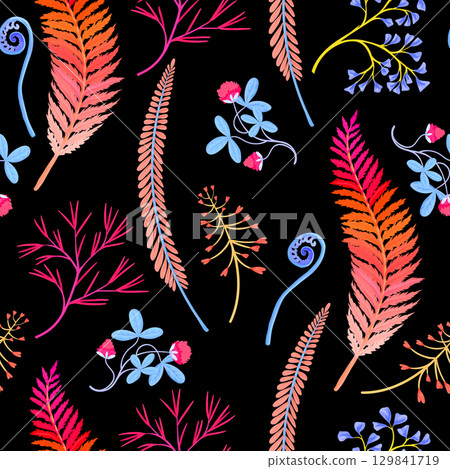 Seamless vector pattern of autumn forest plants, wild berries, clovers, herbs, ferns, and mushrooms 129841719