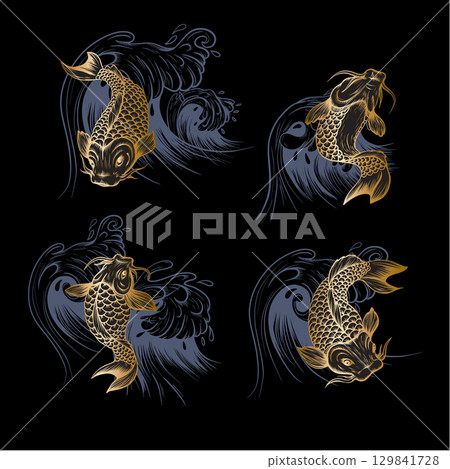 Golden fish koi. Japanese vintage print. 129841728