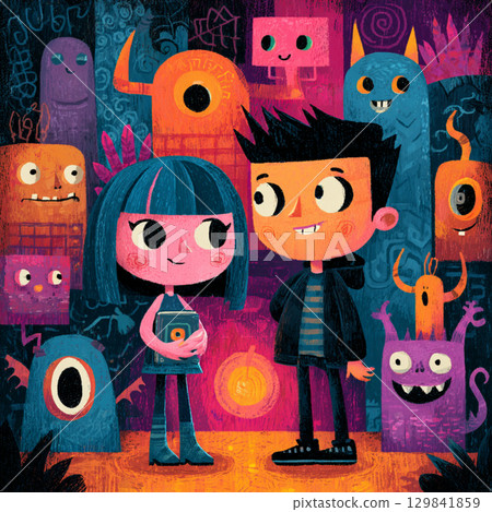 Colorful Cartoon Halloween Background with Playful Shapes 129841859