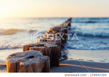 Wooden breakwater stretches into blue sea under soft evening light. Gentle waves touch sandy shore while sun reflects warmly on weathered timber posts and shimmering water Wooden breakwater stretches into blue sea under soft evening light. Gentle waves touch sandy shore while sun reflects warmly on weathered timber posts and shimmering water 129842304