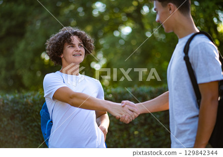 Two friends meeting, shaking hands and looking pleased Two friends meeting, shaking hands and looking pleased 129842344
