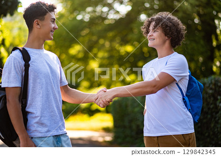 Two friends meeting, shaking hands and looking pleased 129842345