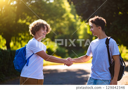 Two friends meeting, shaking hands and looking pleased 129842346