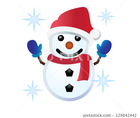 Classic snowman made from two large snowballs icon with christmas hat, scraf 129842442