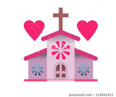 Christian wedding pink church icon with cross and red heart on the building 129842451