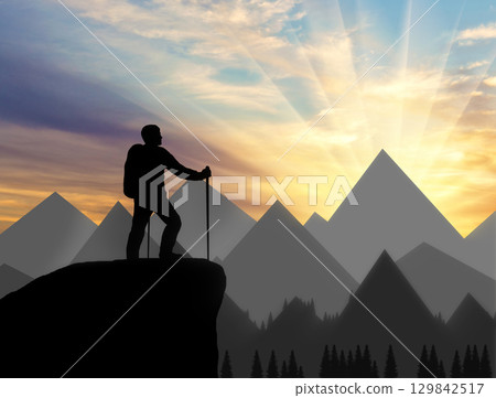 Silhouette of a climber on top looks into the distance over the mountains Silhouette of a climber on top looks into the distance over the mountains 129842517