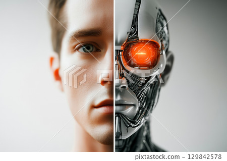 Split screen of mans face and robot concept, showcasing future technology 129842578