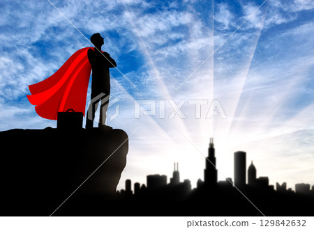 Successful superhero businessman looks at the city Successful superhero businessman looks at the city 129842632
