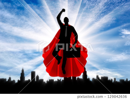 Superhero businessman flies to work 129842636