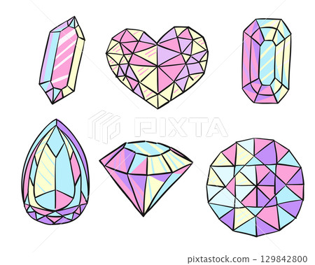 Colorful set of faceted gemstones in various shapes and pastel colors with black outlines 129842800