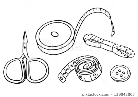 Sewing and measuring tools including scissors, button, and tape measures in black and white outline 129842805