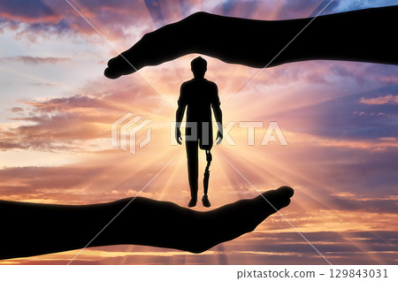 Concept of aid and care for the disabled with a prosthetic leg 129843031