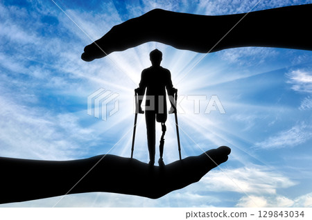 Concept of aid and care for disabled with a prosthetic leg 129843034