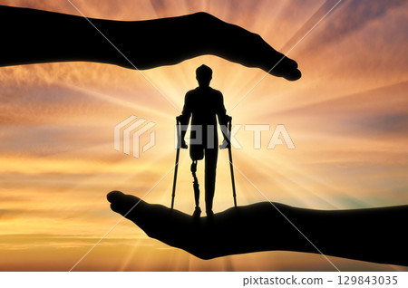 Concept of aid and care for disabled with a prosthetic leg 129843035